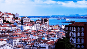 Colorful cityscape with red rooftops, historic buildings, and a large ship on a blue river