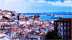 Vivid cityscape with orange rooftops, historic buildings, and blue waterfront under a bright sky
