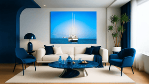 Modern living room with large sailboat wall art, blue and cream decor, indoor palm plant