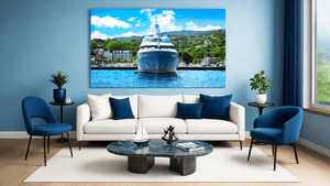 Modern living room with blue accents and large yacht wall art above white sofa