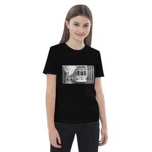 Child wearing black organic cotton t-shirt with vintage tram street photo print