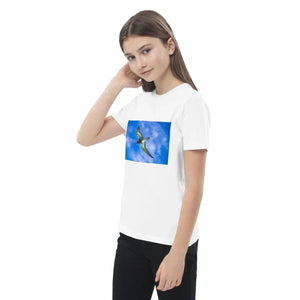 Child wearing white organic cotton t-shirt with flying pterosaur print and blue sky.