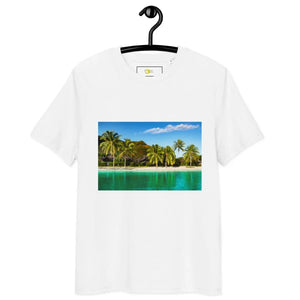 White organic cotton unisex t-shirt with tropical beach and palm trees printed graphic