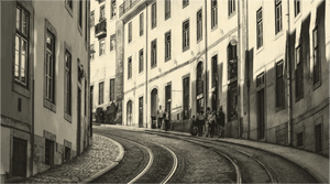 Sepia-toned photo of a curved tramway street in a European city with old buildings and pedestrians.