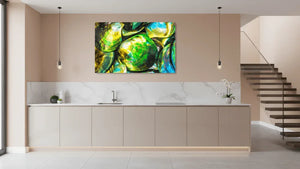 Modern kitchen with marble backsplash and abstract green blue wall art above sink