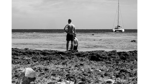 Black and white beach scene with two men on rocky shore, sailboat in the distance.