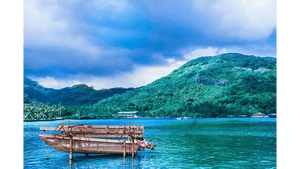 Rustic paddle boat on clear blue water with lush green island and cloudy sky in background