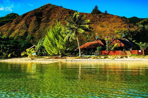 Tropical beach with clear water, palm trees, bungalows, and lush green mountain background