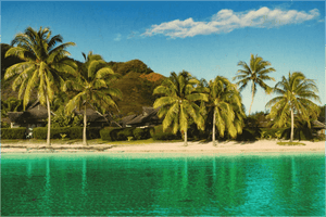 Tropical beach with palm trees, turquoise water, and wooden bungalows under blue sky