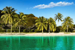 Tropical beach scene with palm trees, clear turquoise water, and beachfront huts under blue sky